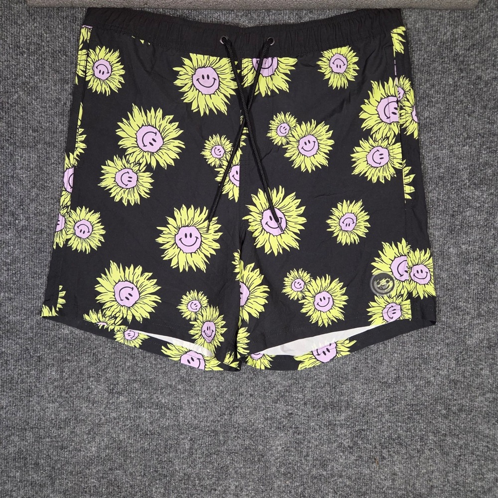 Neff Swim Trunks Mens Large Black Sunflower Smiley Face Graphic Board Shorts L